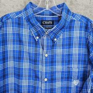 Chaps Button Down Shirt XXL Blue Black White Plaid Long Sleeve Easy Care Twill